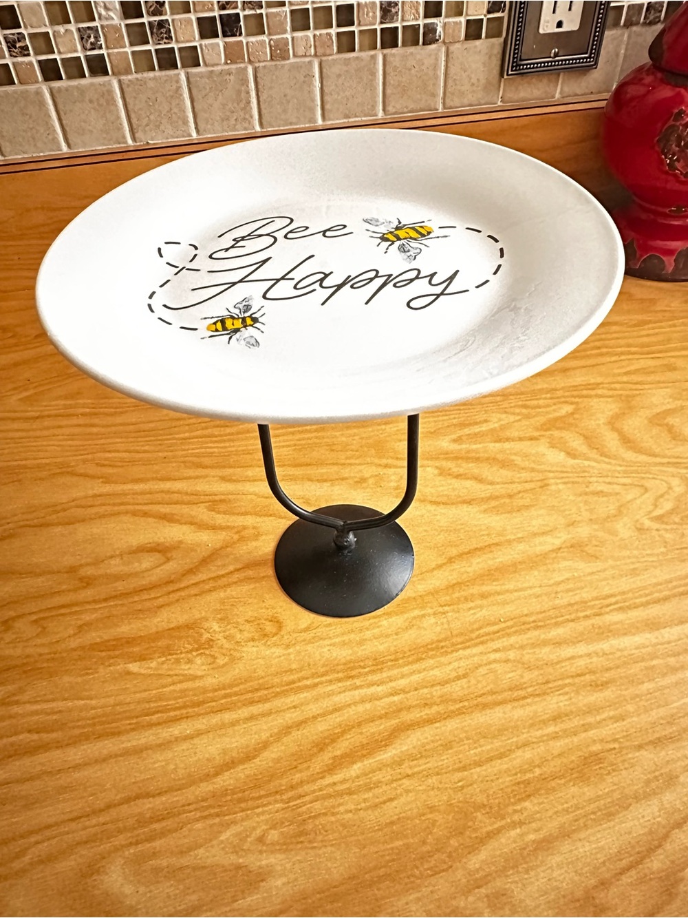 Handmade Bee Happy Decorative pedestal plate White with Yellow Bee Accents